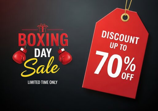 Boxing day sale graphic with 70 off discount tag and boxing gloves, dark background - Powered by Adobe