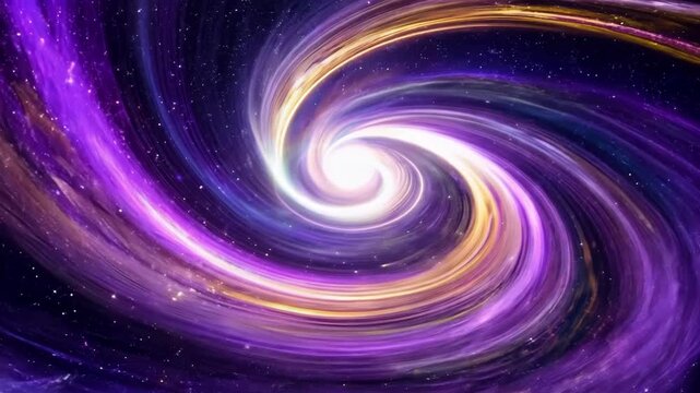 A bright swirling cosmic spiral turns smoothly at the center of deep space as neon purple and yellow arms twist outward creating continuous rotational motion with glowing highlights