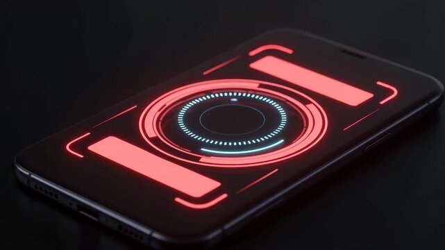 Futuristic smartphone H U D interface with glowing neon red and blue digital elements on dark