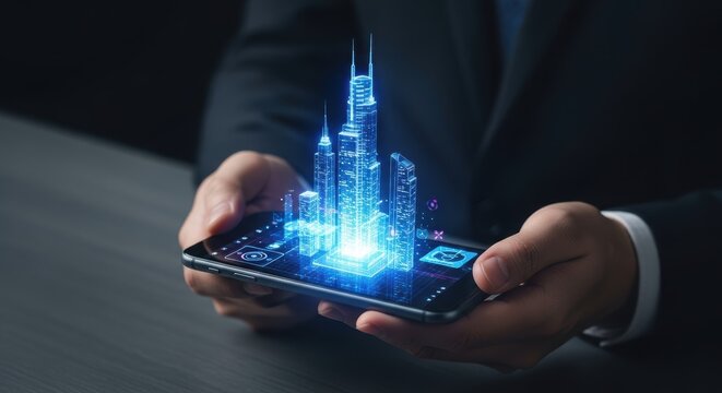 Modern skyscrapers holographically displayed on a mobile device reveal advanced architectural planning and future city design