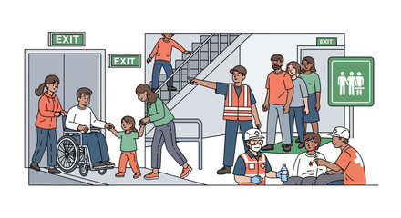 People evacuating building during an emergency, including individuals with disabilities and children, guided by emergency personnel