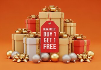 Pile of gift boxes with buy 1 get 1 free tag and gold ornaments on orange background