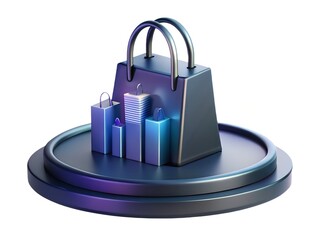 Futuristic holographic shopping bags and boxes displayed on a circular platform with neon lighting