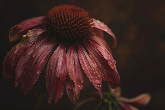 Moody Close-up of Wet Purple Coneflower After Rain - Powered by Adobe