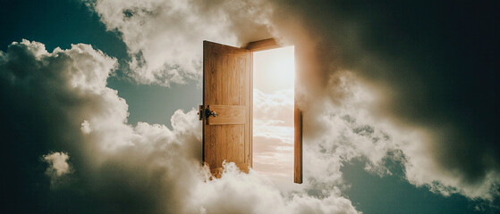 A mysterious wooden door floating among clouds, slightly ajar with golden light spilling out.