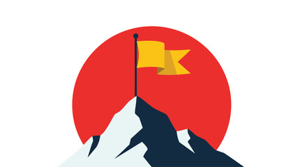 A vibrant illustration depicts a snow-capped mountain peak with a fluttering yellow flag, symbolizing achievement and overcoming challenges against a bold red sun.