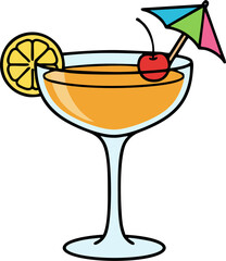 Vector Illustration of Coupe Cocktail Glass with Lemon Slice, Cherry, and Colorful Umbrella – Flat Cartoon Summer Drink Art