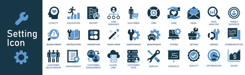 Business Settings and CRM Icon Set – Customer Management, Service Tools, Maintenance, Data Analysis, Optimization, Communication, and Strategy Vector Icons Collection