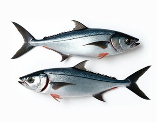 Fototapeta premium Two fresh pacific king mackerels rest on a white surface. These whole fish, with silver scales and dark fins, appear ready for cooking. They are suitable for culinary use or seafood education.