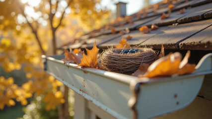 Bird Nest in Rooftop Gutter – Autumn Leaves and Peaceful Habitat for Ecological Awareness and Nature Photography