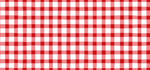  Red vichy seamless checkered pattern. Classic picnic tablecloth texture, Italian pizzeria fabric, retro textile, basket napkin, wrapping paper and vintage vector background design