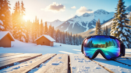 Ski Goggles – Sunset Mountain Landscape with Wooden Surface for Winter Sports Blogs and Adventure Photography