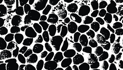 The pattern consists of irregular, rounded black shapes against a white background, mimicking a collection of pebbles or rocks. The design is available as a vector for use in high-end interior design