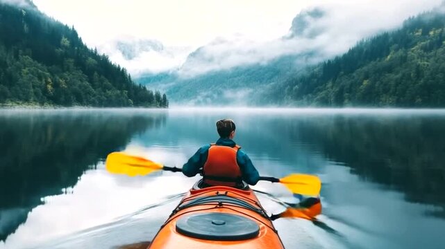 A person kayaking on a serene lake surrounded by misty mountains and lush green forests, embracing adventure - Powered by Adobe