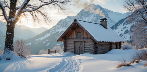 Shepherd Hut in Snowy Wilderness – Rustic Wooden Cabin with Chimney Smoke for Winter Landscape Photography and Cozy Retreat Inspiration