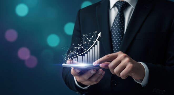 Professional analyzes financial growth using a smartphone showing a graph and arrow demonstrating market progress