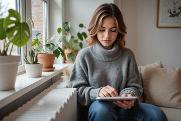 Comfortable Winter Moment – Relaxed Woman with Tablet near Heater for Lifestyle Blogs, Remote Work Inspiration, and Wellness Content