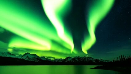 Vibrant green aurora borealis dances over a calm lake reflecting the celestial spectacle and snowcapped mountains - Powered by Adobe