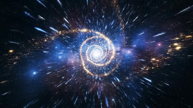 A vibrant, spiraling nebula with dynamic streaks against a star-filled background. The core emits a bright light, drawing your eye