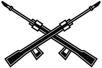 Naklejka premium Two black detailed rifles are crossed, creating a striking military icon on transparent background