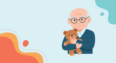 A kindly elderly man with glasses lovingly embraces a well-worn teddy bear, evoking feelings of nostalgia, comfort, and cherished memories from childhood.