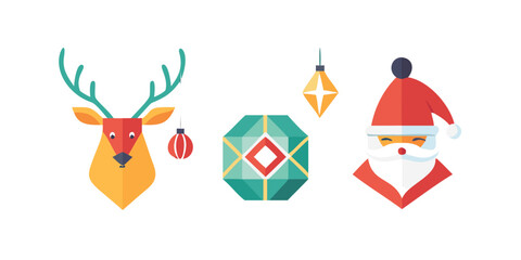 Modern geometric christmas icon illustration set. Geometric xmas holiday clip art element collection. Contemporary scandinavian style graphic. Santa hat, gift box, deer, ornament bauble bundle. icon