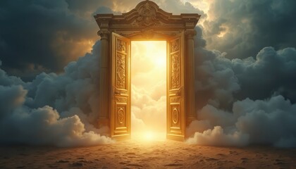 Golden ornate doors open in dark clouds revealing bright light. Symbolizes hope spiritual awakening journey to enlightenment. Represents afterlife faith divine path entrance.