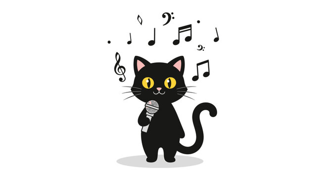 A charming illustration of a black cat singing into a microphone, surrounded by musical notes, creating a whimsical and joyful scene for music lovers.
