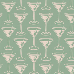 Seamless martini glass pattern in vintage flat style. Stylish cocktail background ideal for bar menus, party invitations, packaging, restaurant branding, and elegant beverage design.