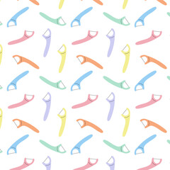 Seamless pastel dental floss pattern in clean flat style. Perfect for oral care branding, dental clinic materials, hygiene packaging and modern healthcare design.