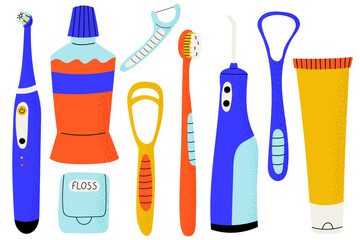 Colorful flat style dental care tools set, including toothbrushes, toothpaste, mouthwash, floss, tongue cleaner and irrigator. Perfect for oral hygiene, medical graphics, packaging and clinic material