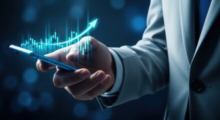 Businessman analyzes growing business trends using data analytics on his mobile phone representing financial growth success