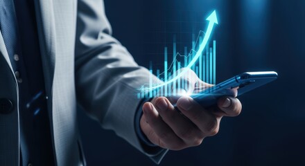Business professional using mobile phone app showing growth chart and arrow for financial success and investment strategy