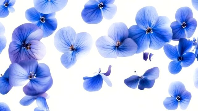 Scattered blue hydrangea petals isolated on white background