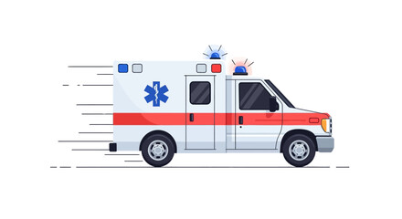 Fototapeta premium Side view speeding ambulance with flashing lights, symbolizing urgent medical transport and emergency response services in motion, depicted in dynamic flat style