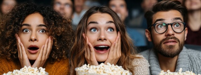Three moviegoers express joy and surprise while watching a captivating film. They sit close together, popcorn in hand, fully immersed in the cinematic experience in a cozy theater setting.