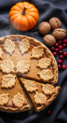 Fototapeta premium Close-up of pumpkin pie with leaf-shaped crust, served with pumpkin, walnut, and cranberry on linen cloth, representing autumn holiday, harvest season