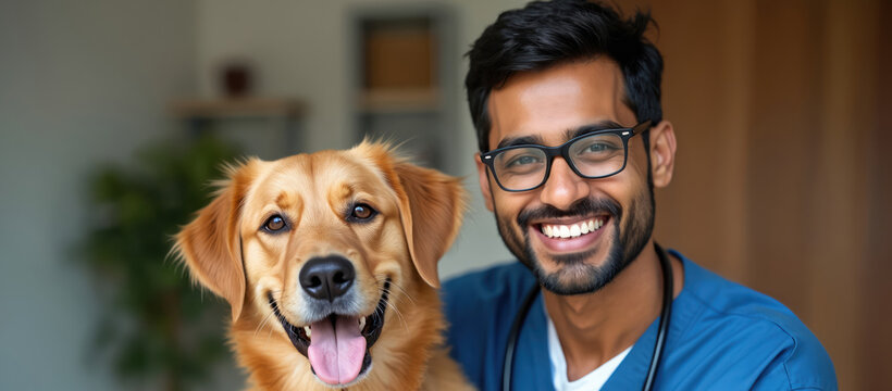 Young male veterinarian with glasses, stethoscope smiles with happy golden retriever dog. Indoors, possibly at vet clinic animal hospital. Man wears blue scrubs, ready for work. Caring bond evident