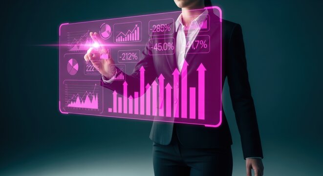 Businesswoman interacts with digital interface displaying dynamic data charts and financial performance indicators for strategic analysis - Powered by Adobe