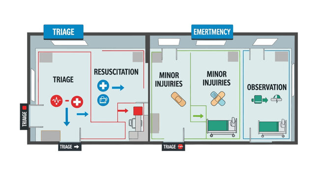 Diagram illustrating the layout an emergency room or hospital triage area, showing different zones for patient assessment and treatment
