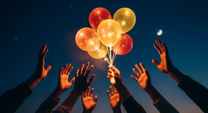 Hands reach for illuminated balloons in the night sky