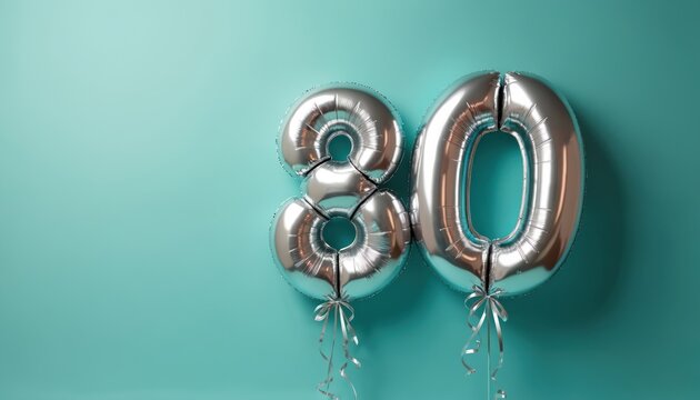 Silver number 80 balloons float against a solid turquoise background. Shiny foil balloons with ribbons suggest a milestone celebration event like an anniversary or significant birthday.