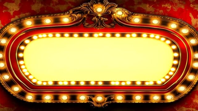 Vintage illuminated marquee sign with empty space for text on a textured red wall