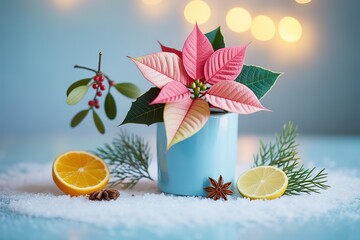 Pink poinsettia resides in the light blue pot surrounded by citrus and winter sprigs