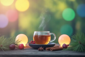 Steaming tea in glass cup amidst berries, cinnamon, and glowing spheres creates warm ambience