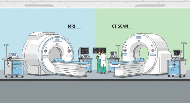 Comparing mri and ct scan machines in medical setting, with medical professionals present, highlighting advanced diagnostic imaging technology