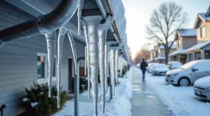 Winter Gutter Icicles – Frozen Crystalline Formations for Home Maintenance, Weather Safety, and Seasonal Landscape Photography