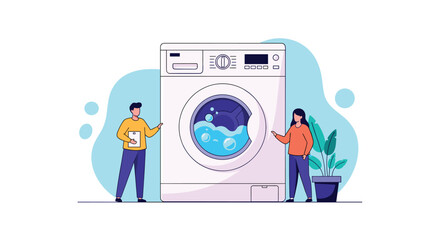 Two people inspect a modern front-loading washing machine, possibly a technician and homeowner, assessing its functionality and condition for repair or maintenance.