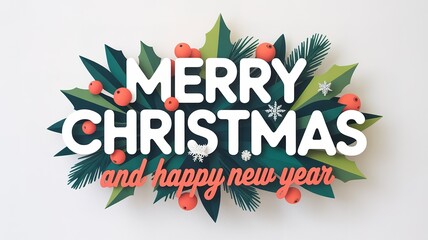 Merry Christmas and Happy New Year text amidst festive holly leaves, berries and snowflakes