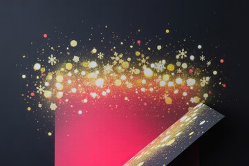 Golden bokeh and snowflake sparkles erupt from the opening of a red box